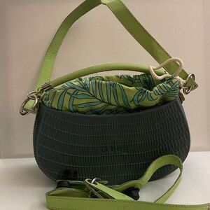 O bag Italian Green Gray Bag plastic on the bottom fabric bag inside 11x7 boho